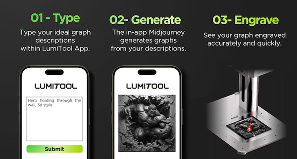 Graphic interface of LumiTool App with engraving example