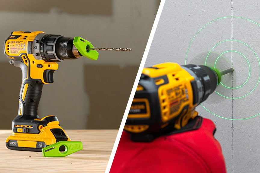 Side-by-side images of a drill with BullseyeBore Core and laser guide on wall