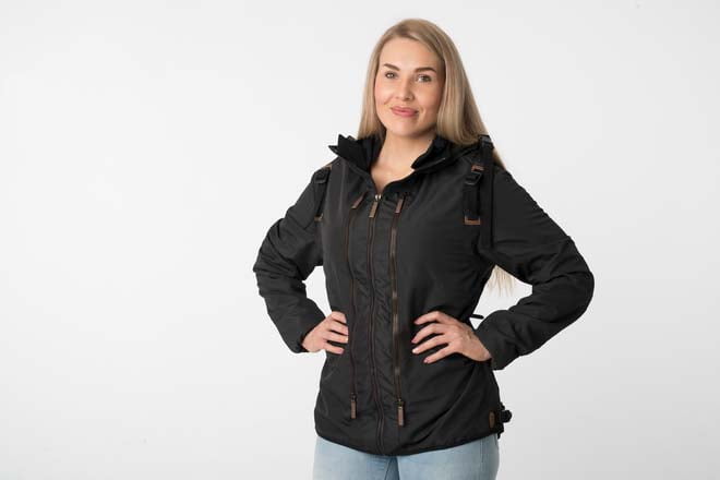 woman wearing the Neckpacker jacket