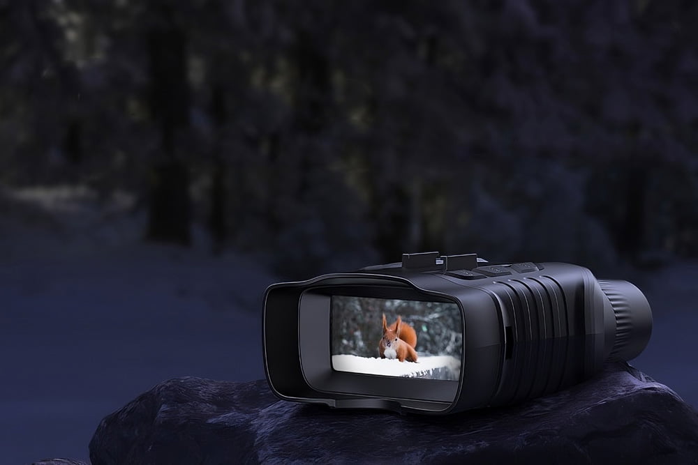 AKASO Seemor on a rock showing a squirrel through its screen.