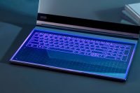 Close-up of the Lenovo ThinkBook Transparent's illuminated keyboard