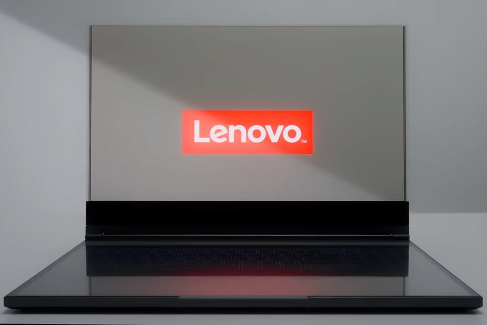 Lenovo ThinkBook Transparent laptop displaying the Lenovo logo on its clear screen