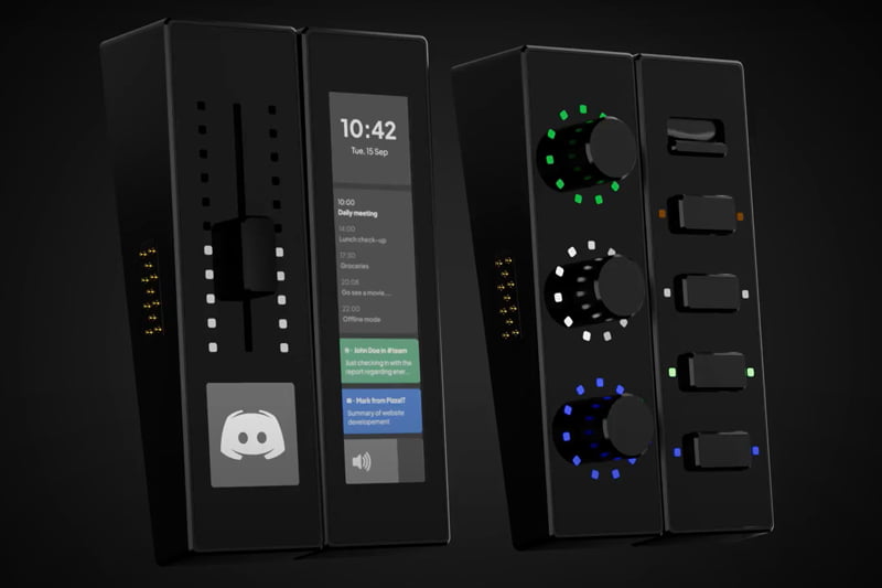 Modue control panels with display screen and tactile sliders.