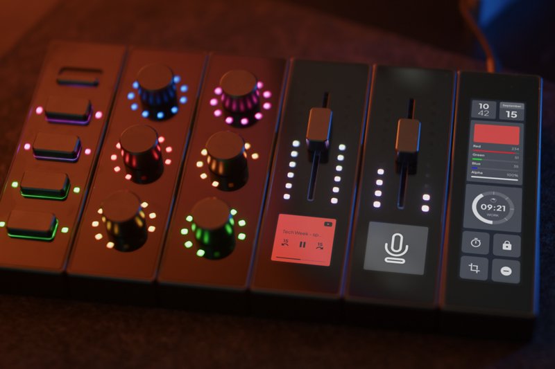 Close-up of modue control surface with colorful backlit dials