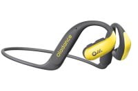 Yellow and black OWS Sports earphones against a gray background