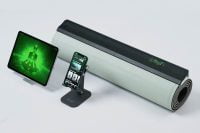 YogiFi Smart Mat with devices showing yoga app interface