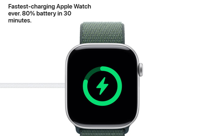 Apple Watch Series 10 showing fast charging icon with text indicating 80% battery in 30 minutes.