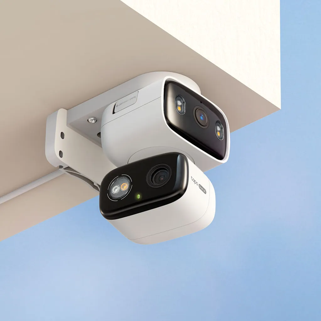 Tapo C246D dual-lens wired security camera mounted under an eave
