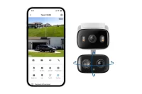 Tapo C246D app view beside camera showing pan and tilt controls