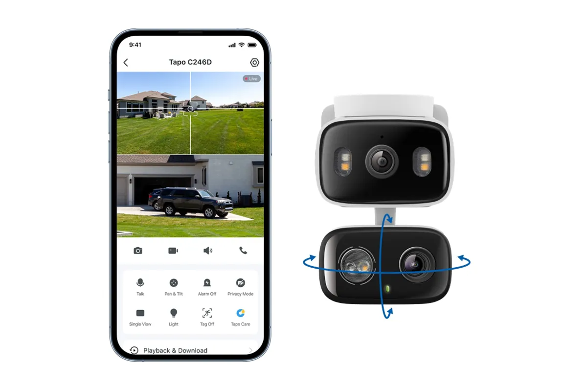 Tapo C246D app view beside camera showing pan and tilt controls
