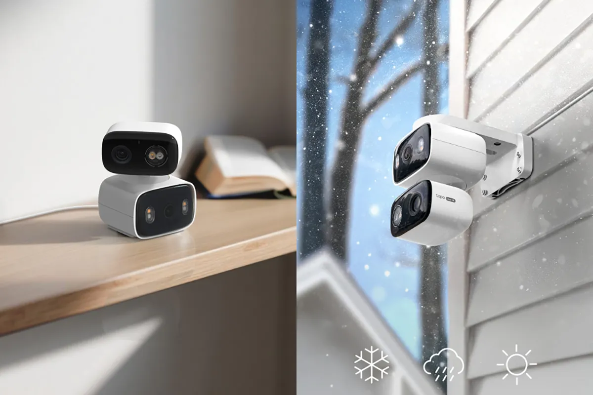 Tapo C246D shown indoors and outdoors with weather icons