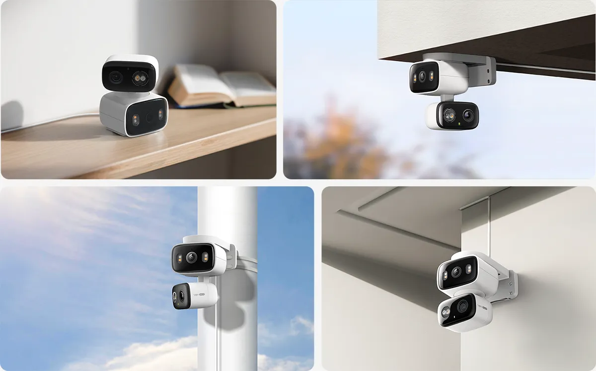 Tapo C246D installed on shelf, eave, pole, and wall mounts